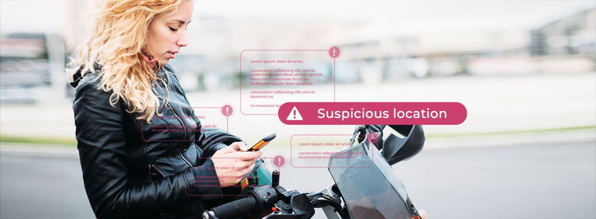 Woman in a jacket on the street using a cell phone sitting on a motorcycle, drawings in front of the image show that a suspicious location is being detected