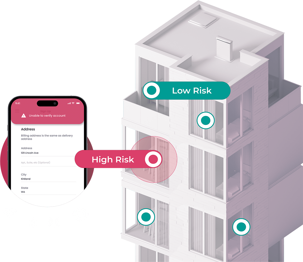 Illustration of a building with marks symbolizing low and high risk next to a phone that highlights the high risk of a potential fraudster