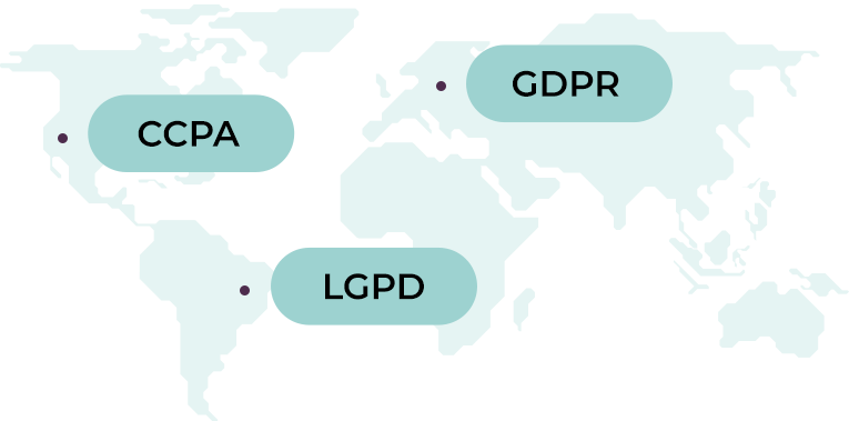 Mapa global com regulação de privacidade com GDPR (Europa), CCPA (California) e LGPD (Brasil)