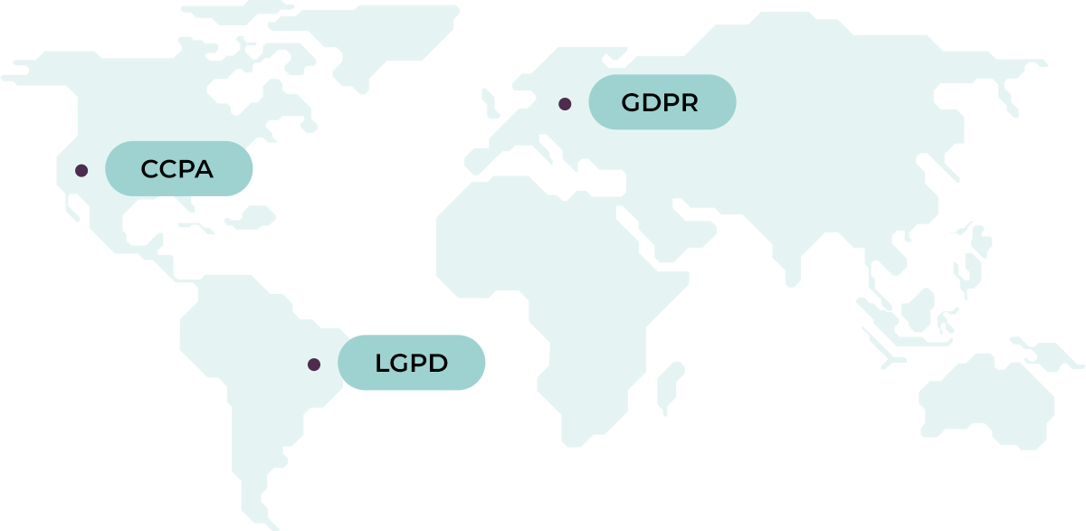Protection Law Map with CCPA, GDPR and LGPD highlighted